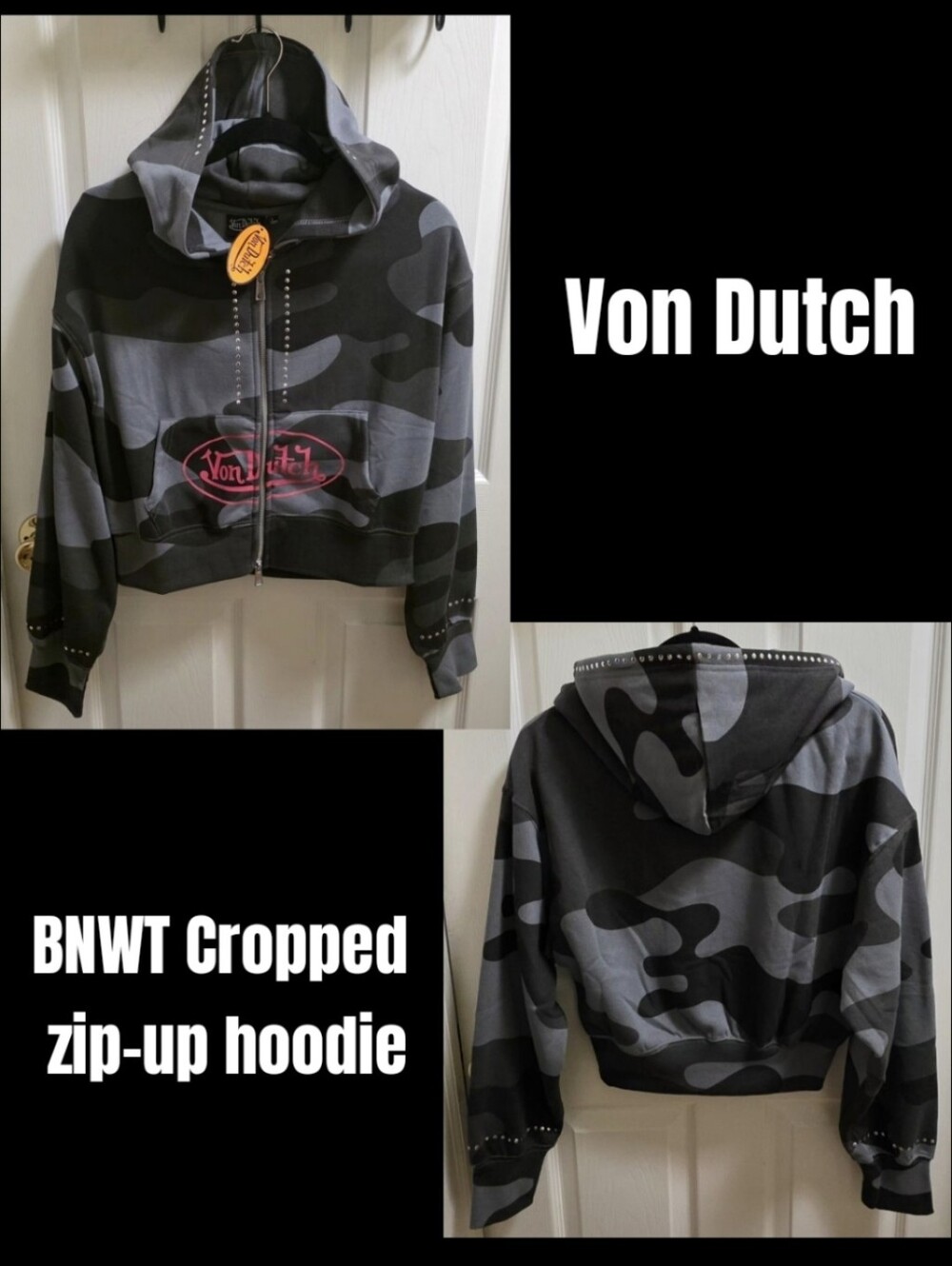 BNWT Von Dutch Camo Cropped Zip-Up Hoodie w studded accents Sz Lg
